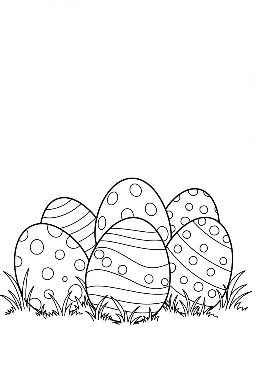 A free printable coloring page featuring several decorated Easter eggs with various simple patterns like stripes and dots, perfect for kids.