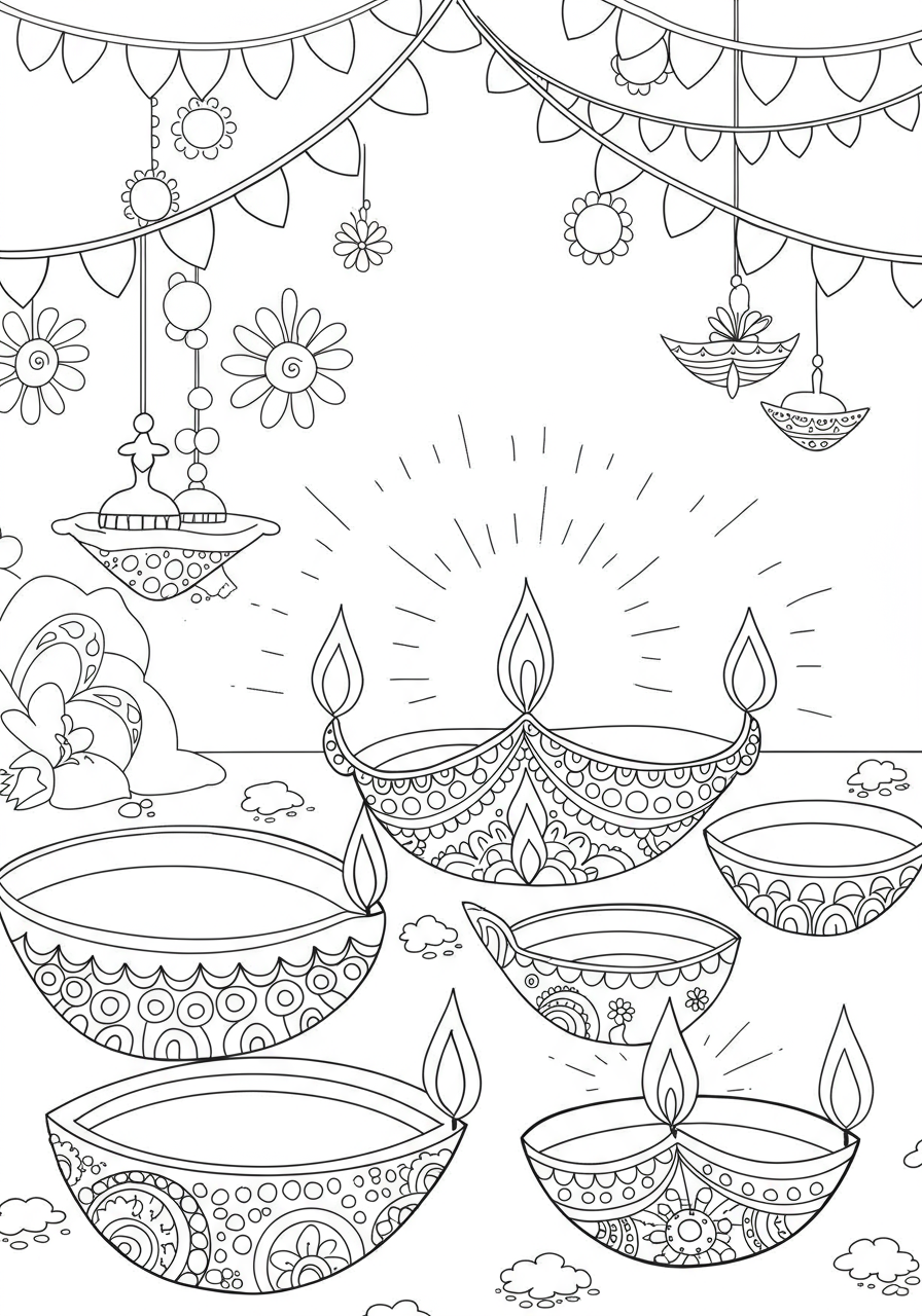 A free printable coloring page featuring easy-to-color Diya lamps glowing with a warm light, perfect for kids celebrating Diwali.