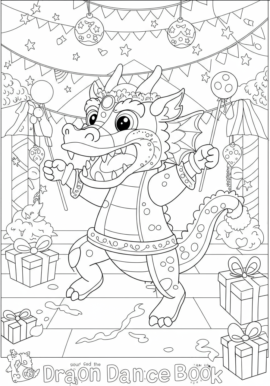 Free printable Dragon Dance Festive coloring page for kids, featuring a smiling dragon puppet in a lively dance, surrounded by festive elements and bold outlines.