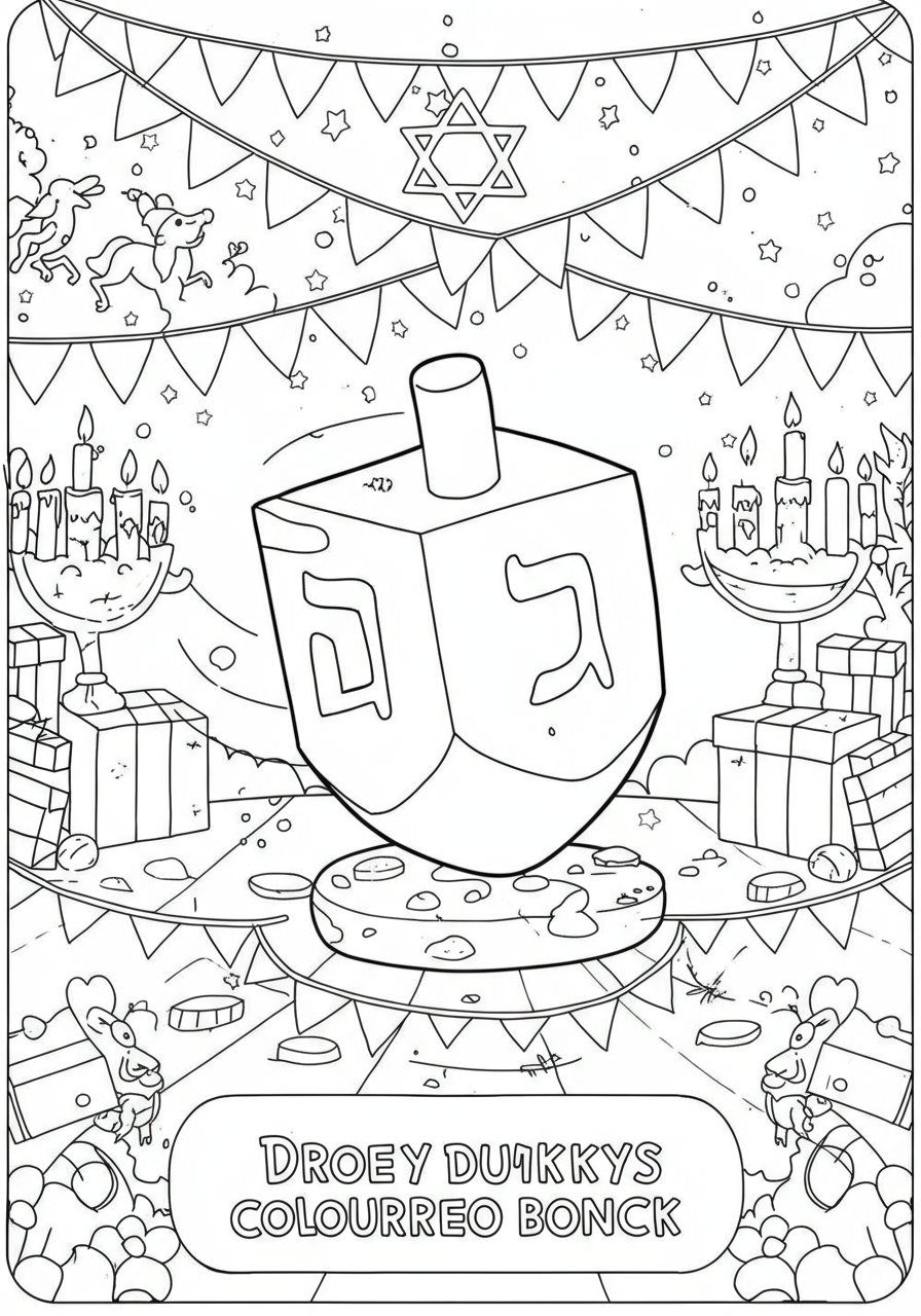 Free printable Dreidel spinning game coloring page featuring a dreidel in motion, gelt, and Hanukkah symbols for kids to color.