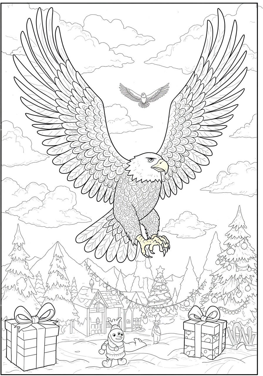 Free printable Eagle Soaring Proud coloring page for kids, showing a majestic eagle flying high in the sky with wings spread, easy difficulty.