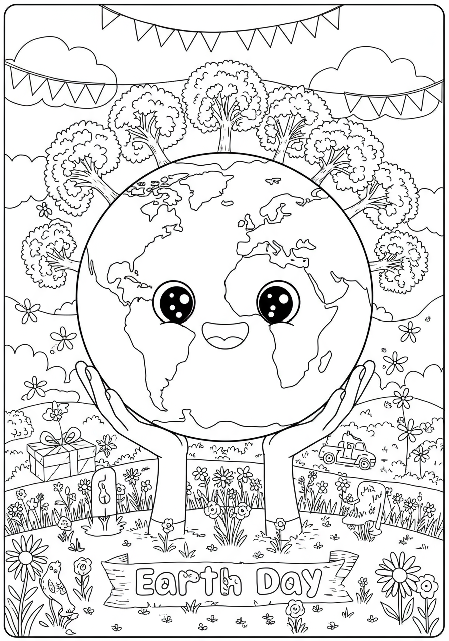 Free printable Earth Day planet coloring page for kids, featuring a happy Earth with trees and hands holding it, perfect for holiday celebrations.