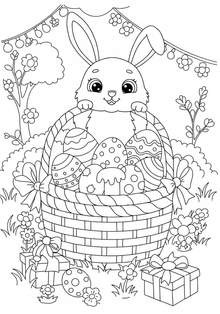 Free printable Easter Bunny Basket coloring page for kids, showing a cute bunny peeking over a basket filled with decorated eggs and treats.