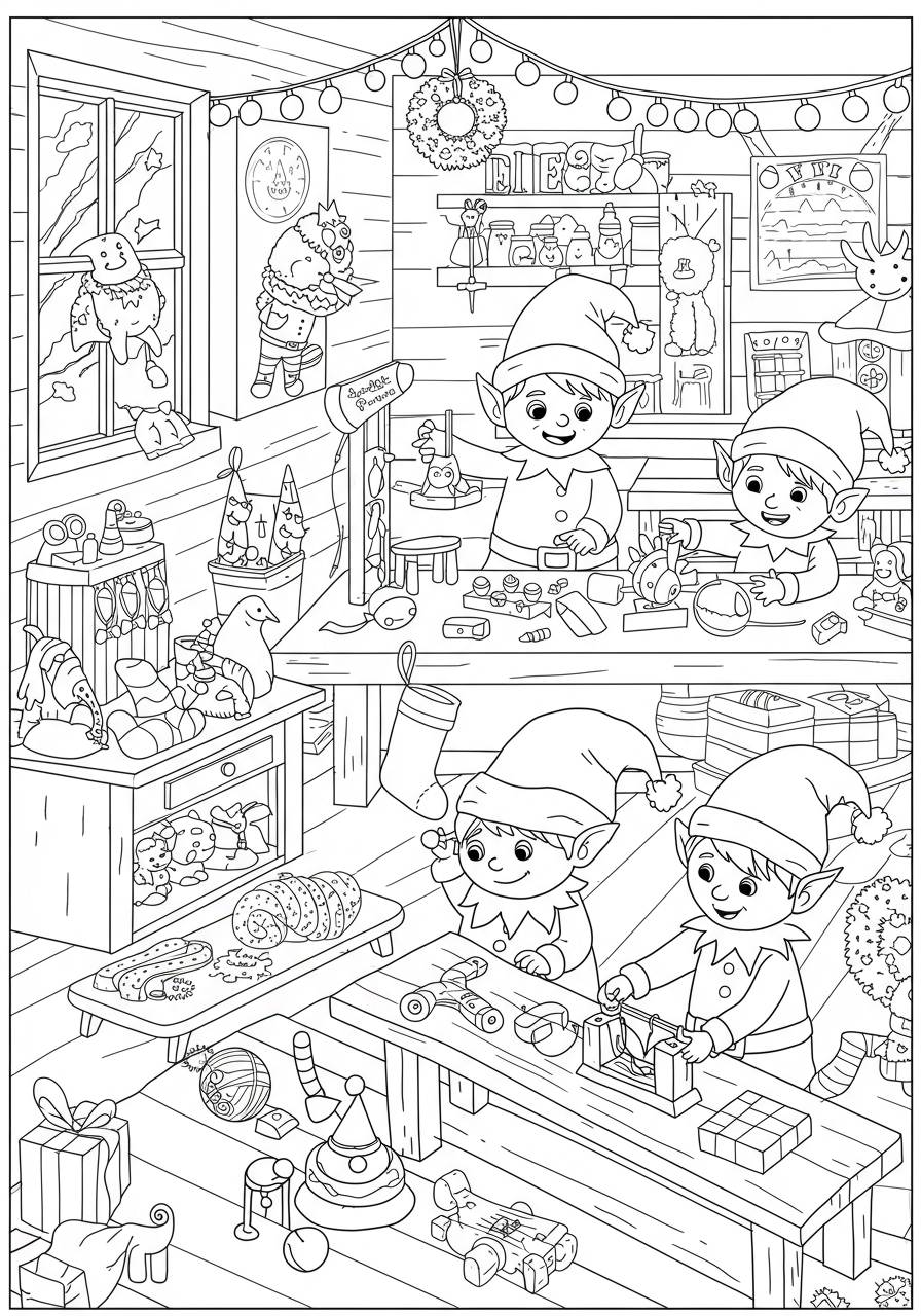 Free printable coloring page featuring happy elves busy making toys in Santa's workshop, perfect for holiday season fun.