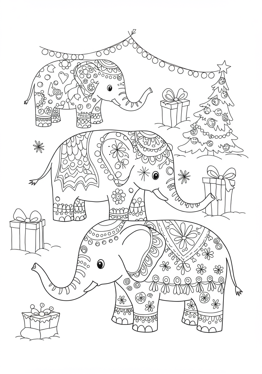 Free printable festive elephant patterns coloring page for kids, showing decorated elephants with holiday-themed designs, perfect for creative fun.