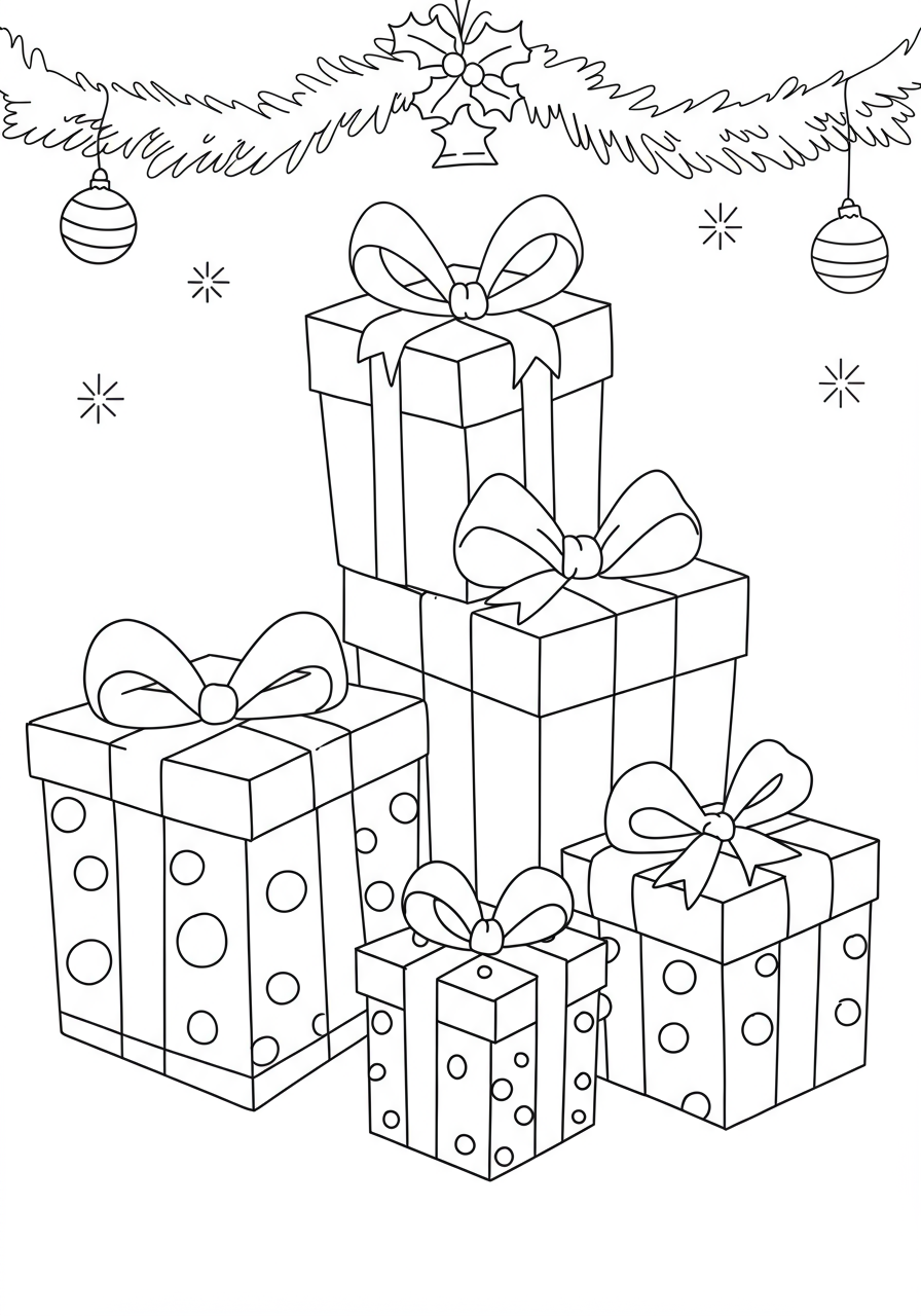 Free printable coloring page featuring festive gift boxes with bows and ribbons, ready for kids to color during the holiday season.