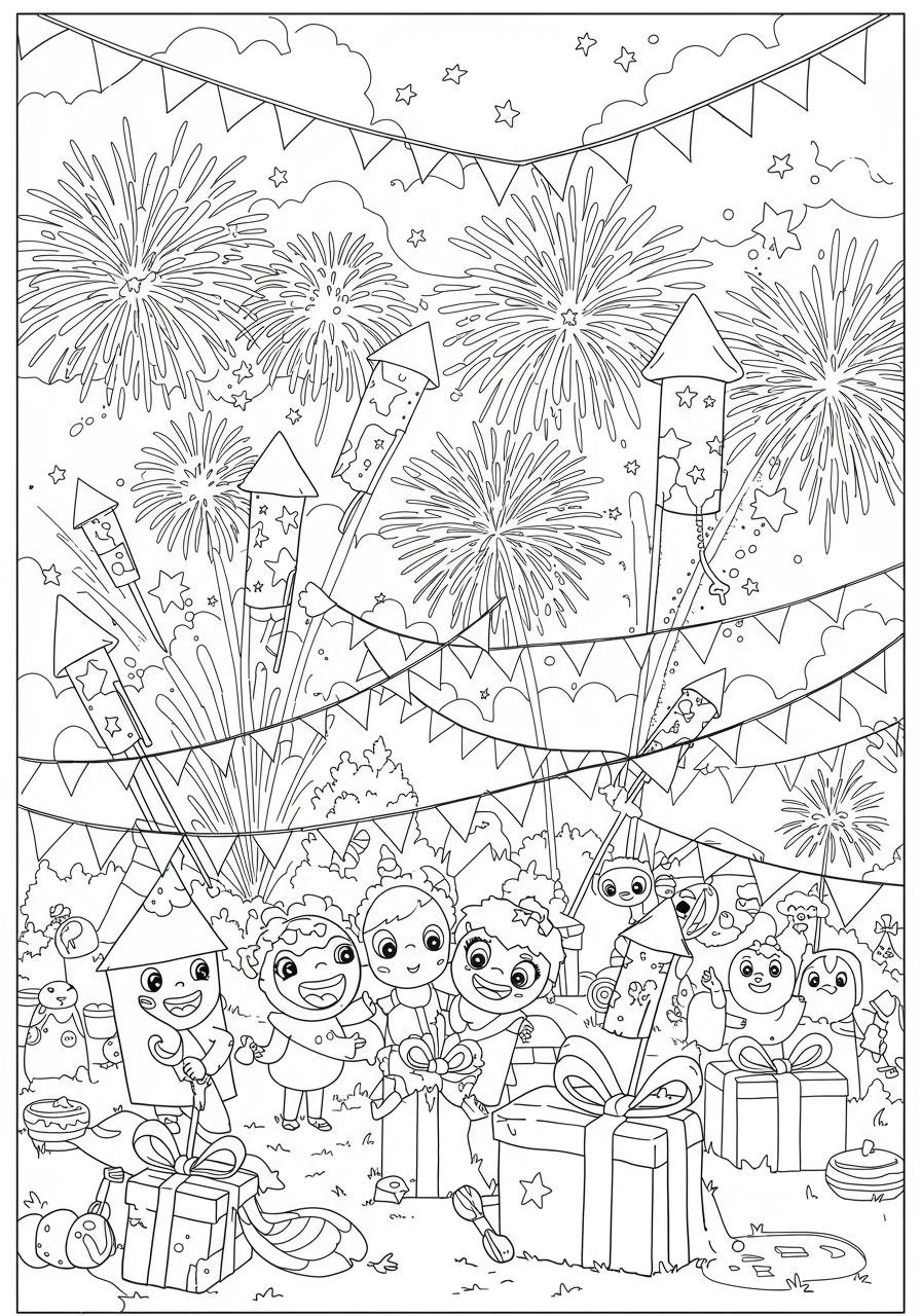 Illustration of a vibrant fireworks celebration night with exploding rockets and starry sky, a free printable coloring page for kids.
