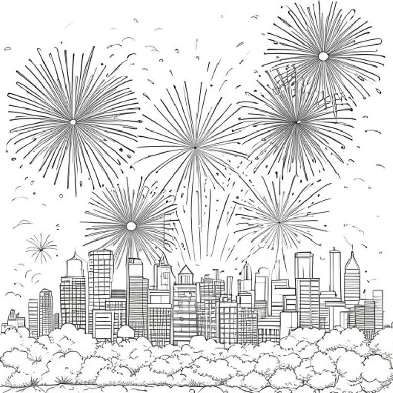 Free printable coloring page featuring a simplified city skyline with vibrant fireworks exploding above, perfect for kids to color for holidays and celebrations.