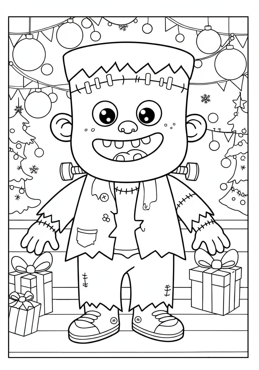 A free printable coloring page featuring a goofy, smiling Frankenstein monster with bolts in his neck and stitches, perfect for kids and holiday celebrations.
