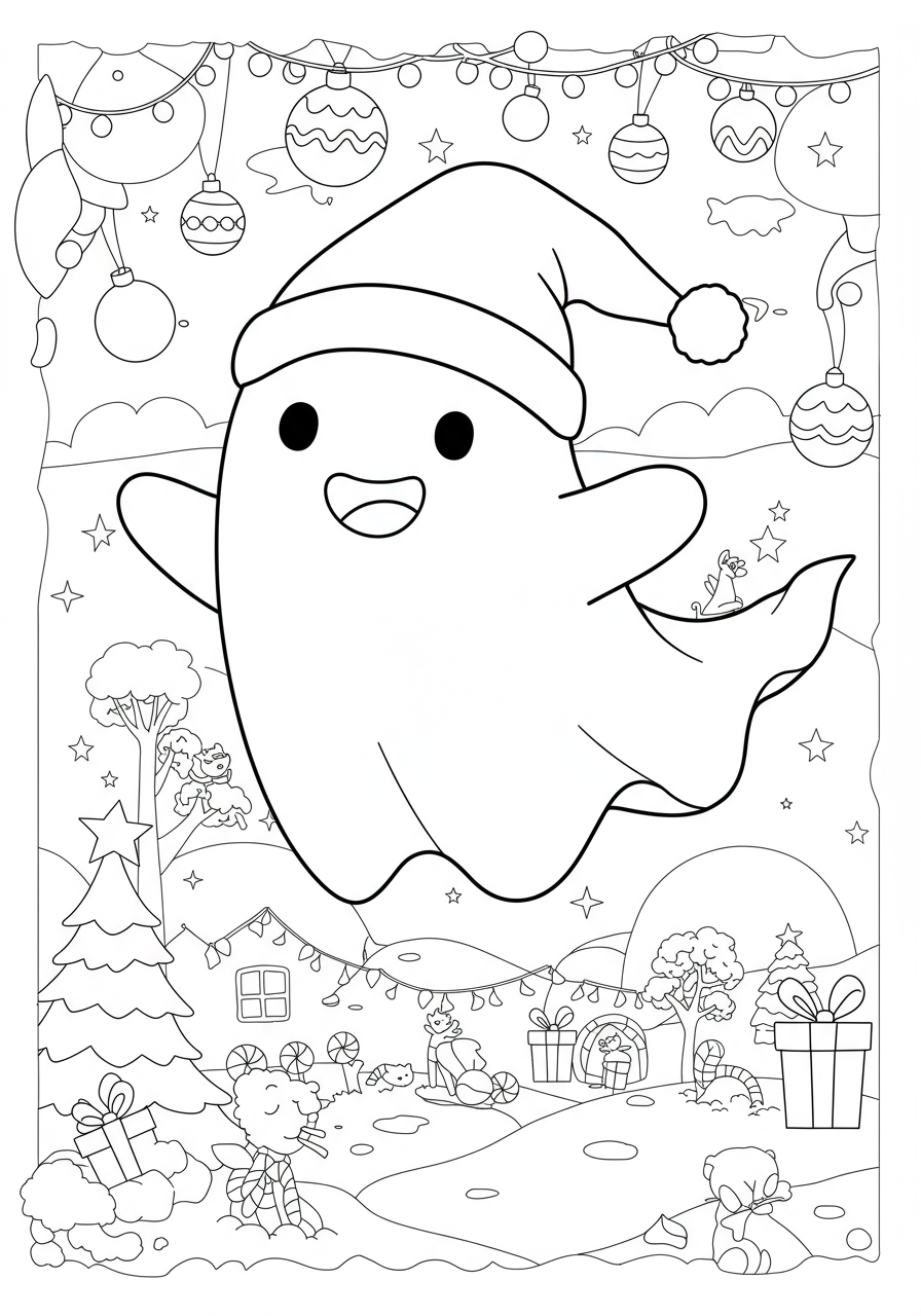 Free printable coloring page featuring a friendly, smiling ghost flying happily with a simple, easy-to-color design for kids.