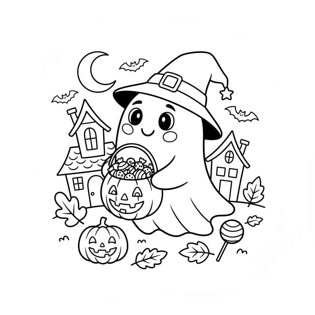 Free printable coloring page featuring a happy, friendly ghost dressed in a silly costume, holding a candy bucket and trick-or-treating on Halloween night under a starry sky.