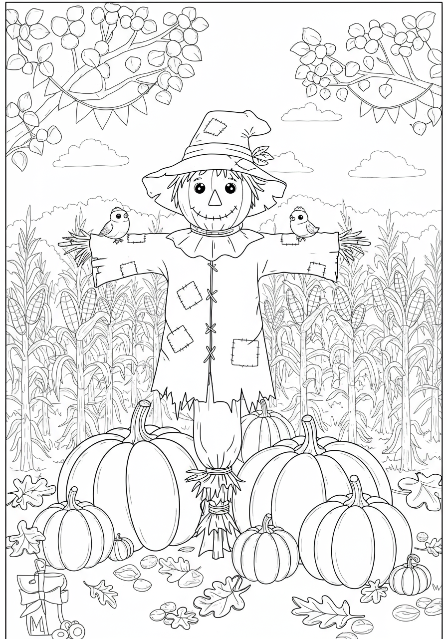 A friendly scarecrow standing in a corn field with pumpkins and birds, ready for kids to color. Free printable autumn coloring page.