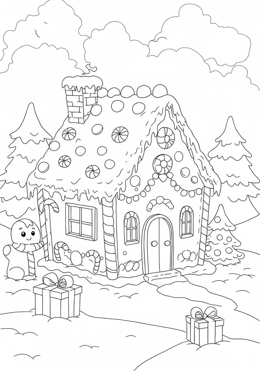 Free printable Gingerbread House Snowy coloring page for kids, showing a festive gingerbread house covered in white snow and candy decorations, perfect for holiday season activities.