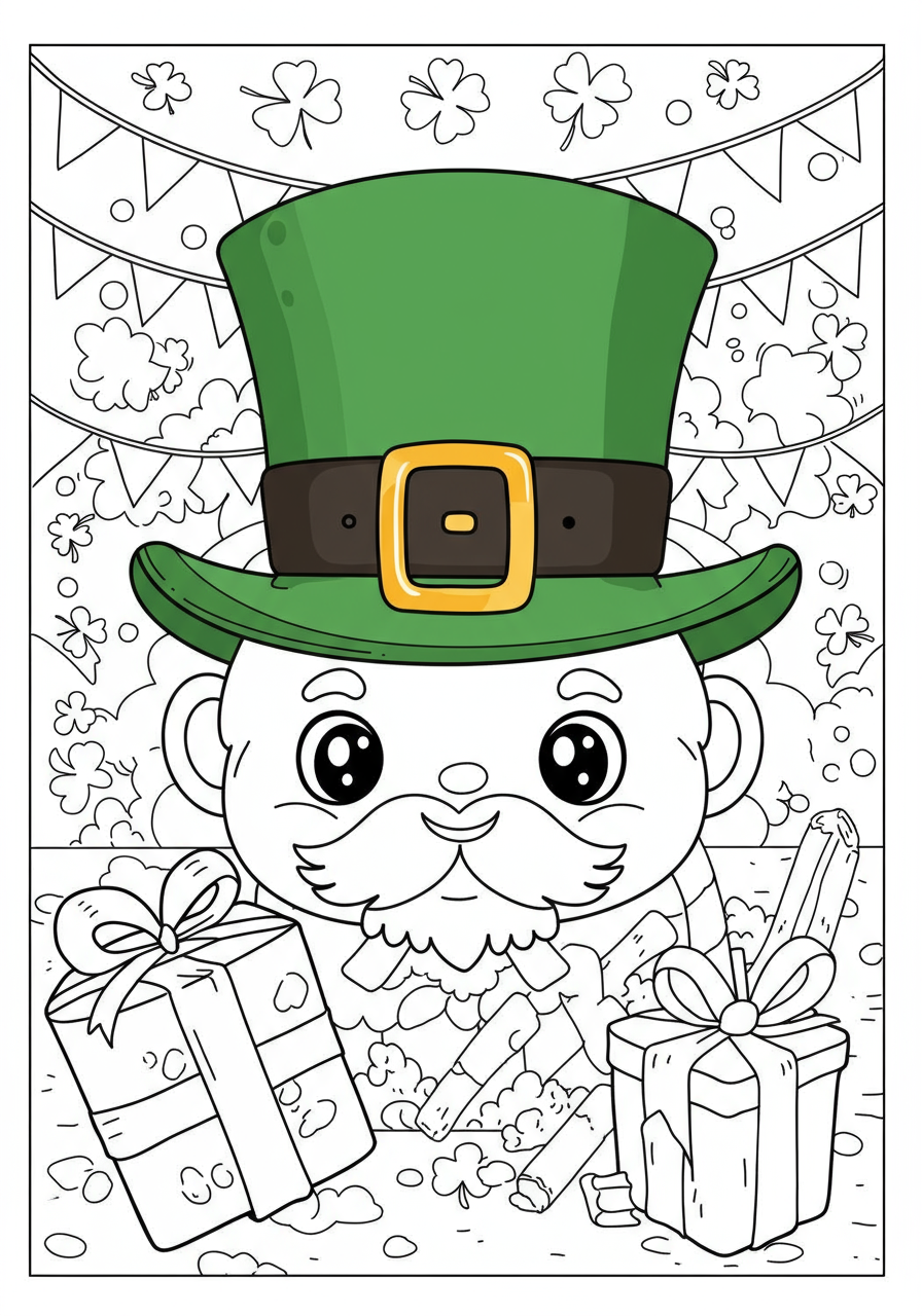 Free printable St. Patrick's Day green hat and gold buckle coloring page for kids