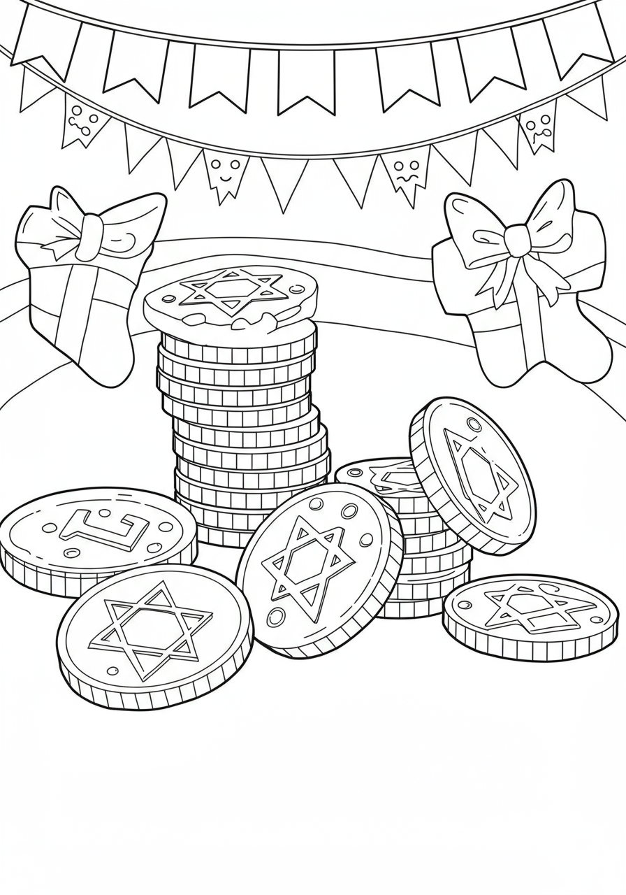 Free printable Hanukkah gelt coins coloring page showing several shiny chocolate coins, some stacked, some scattered, with simple outlines perfect for kids to color.