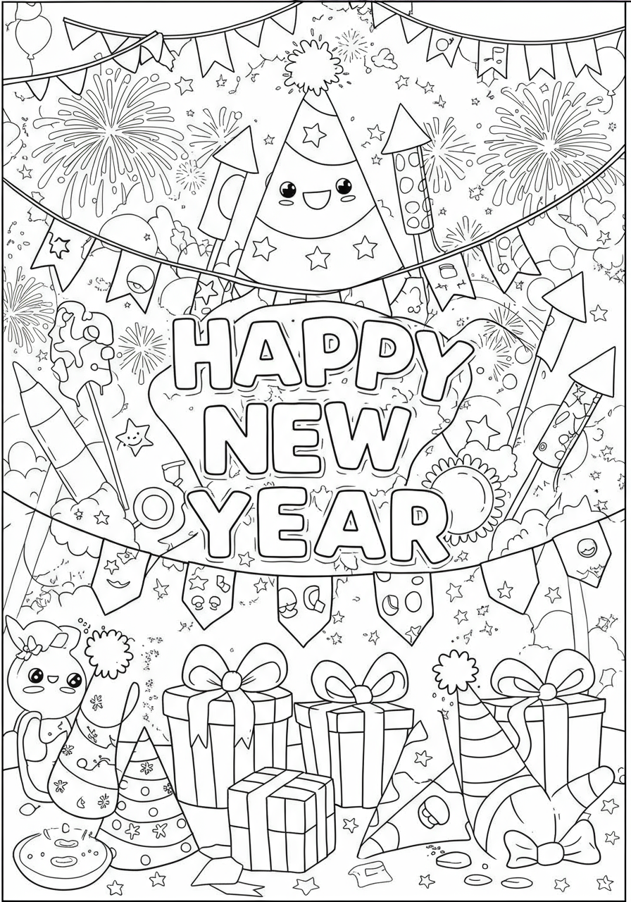Free printable Happy New Year coloring page featuring festive designs like fireworks, party hats, and "Happy New Year" text, perfect for kids.