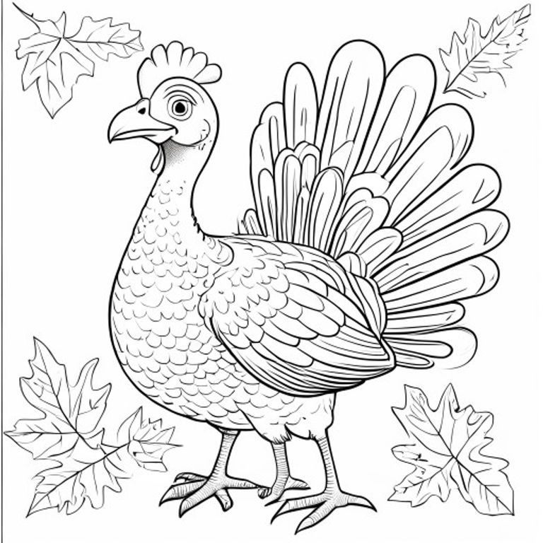 A free printable coloring page featuring a happy, plump turkey surrounded by many falling autumn leaves in various shapes. Perfect for kids to color during the fall season and Thanksgiving holidays.