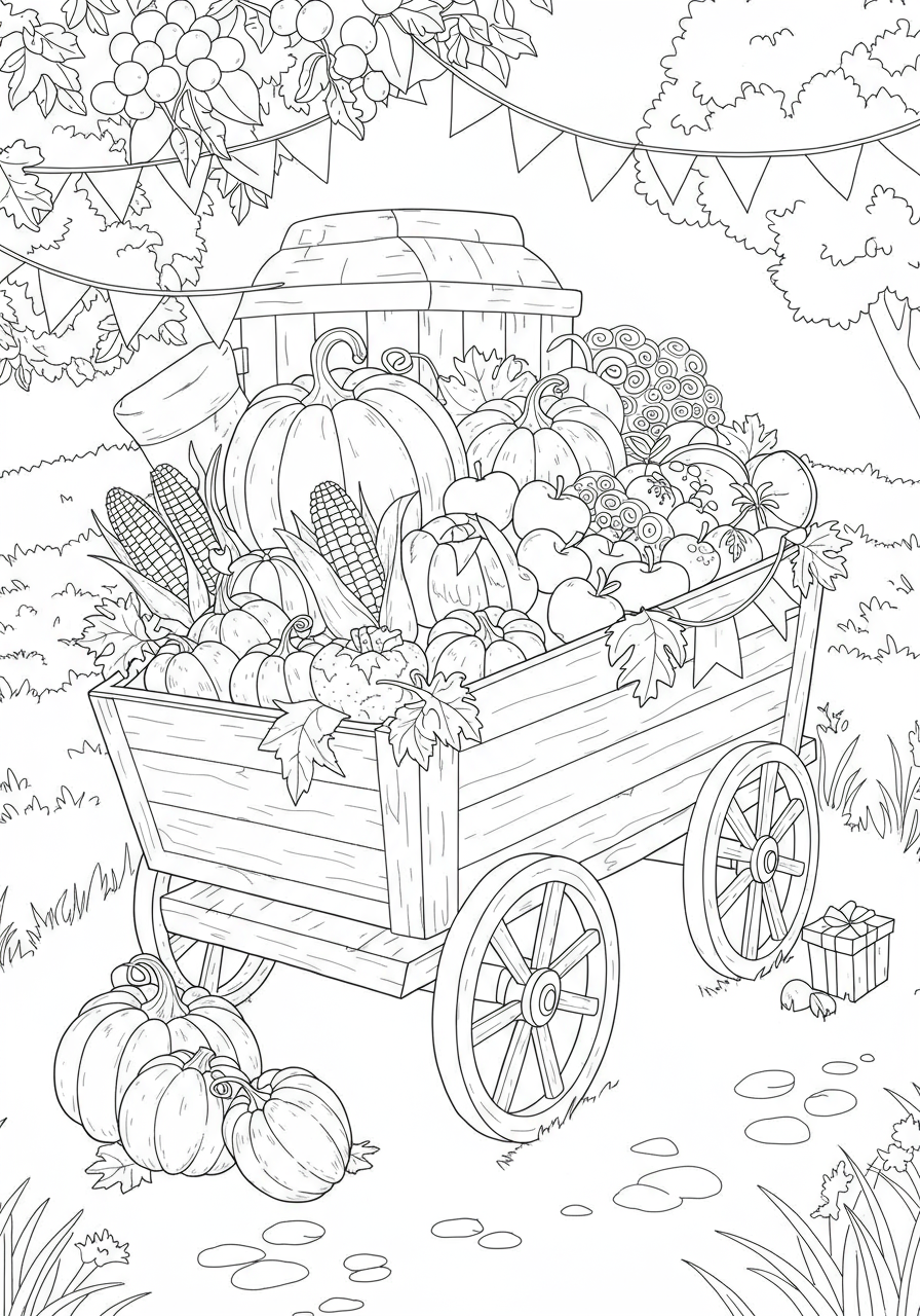 A vibrant, free printable Harvest Wagon Full coloring page showing a farm wagon overflowing with pumpkins, corn, apples, and other autumn harvest items, perfect for kids.