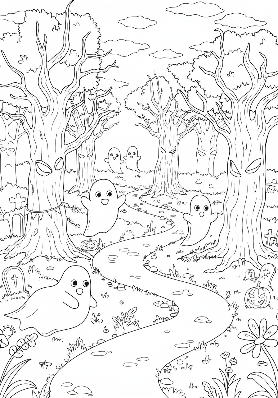 Illustration of a free printable haunted forest path coloring page featuring friendly ghosts, spooky trees with glowing eyes, and a winding path, perfect for kids' Halloween activities.