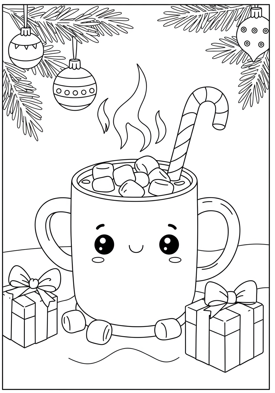 An easy free printable coloring page featuring a steaming mug of hot cocoa topped with fluffy marshmallows, perfect for kids during the holidays.