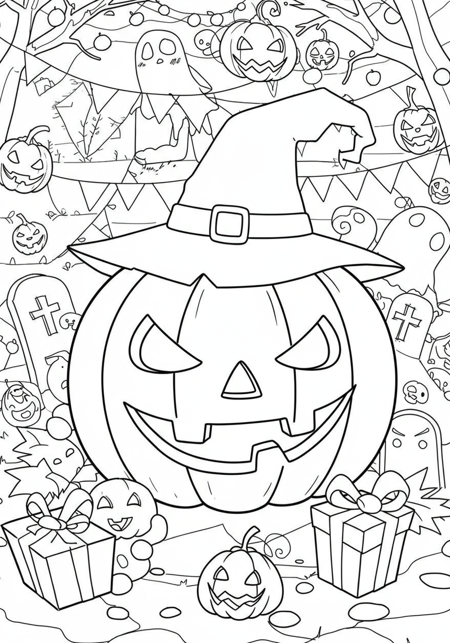 A free printable coloring page featuring a happy, smiling Jack-o'-lantern, perfect for Halloween fun.