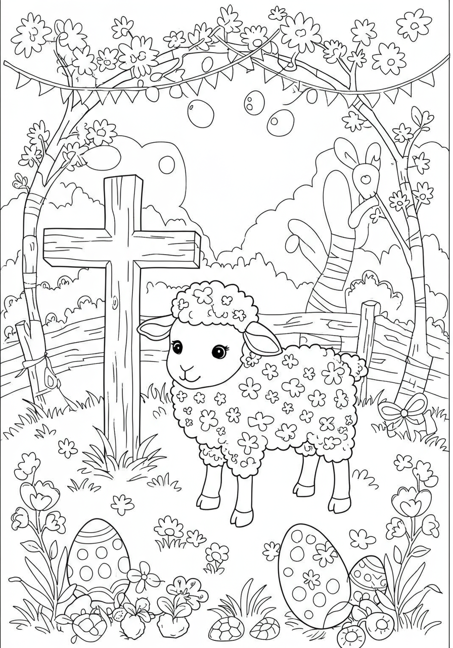 A free printable coloring page showing a gentle lamb standing next to a simple cross, perfect for children to color during the Easter holidays.