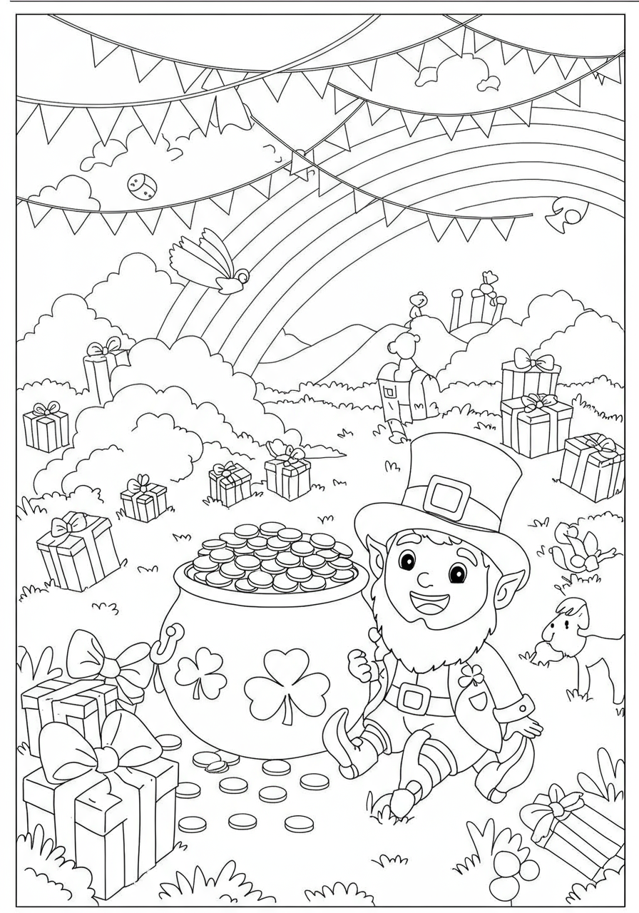 Free printable coloring page featuring a cheerful leprechaun sitting next to an overflowing pot of gold at the end of a vibrant rainbow, perfect for St. Patrick's Day activities for kids.