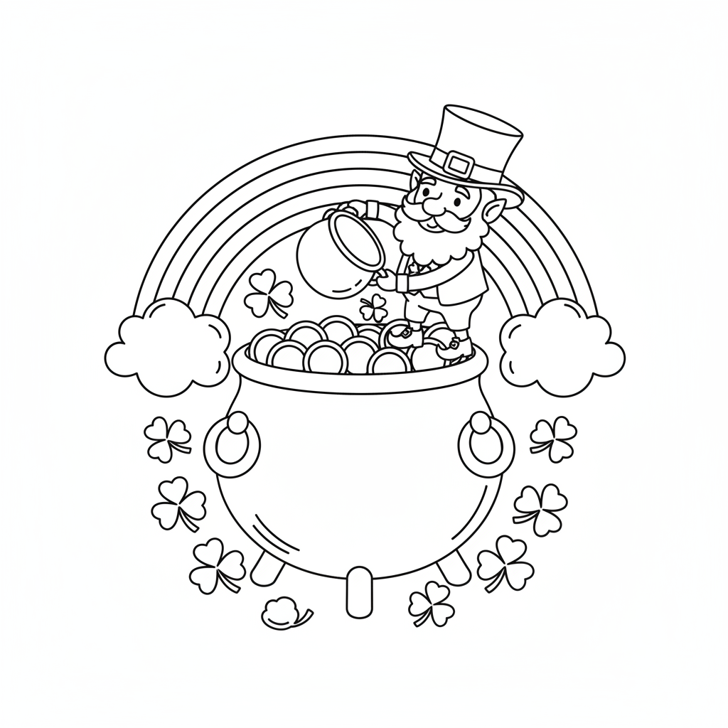 A whimsical free printable coloring page depicting a jolly leprechaun sitting beside an overflowing pot of gold coins, with a vibrant rainbow arching overhead and shamrocks scattered around for St. Patrick's Day.