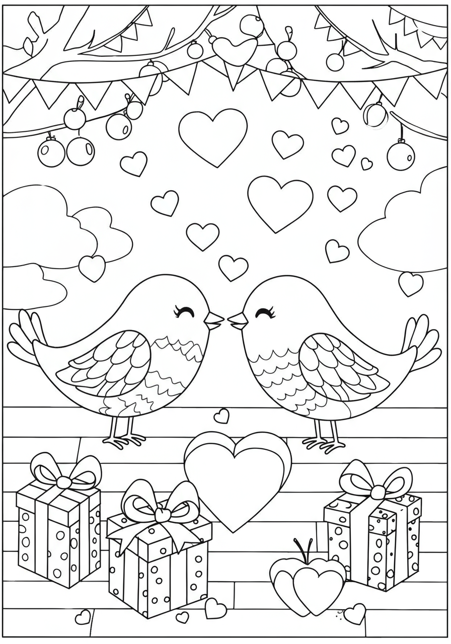 Free printable coloring page featuring two cute love birds kissing, surrounded by hearts, perfect for children to color during holidays like Valentine's Day.