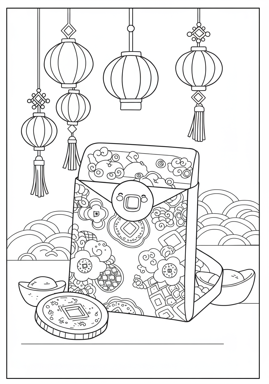 A free printable coloring page showing a lucky money envelope with traditional patterns and a coin, ready for children to color and learn about Lunar New Year traditions.
