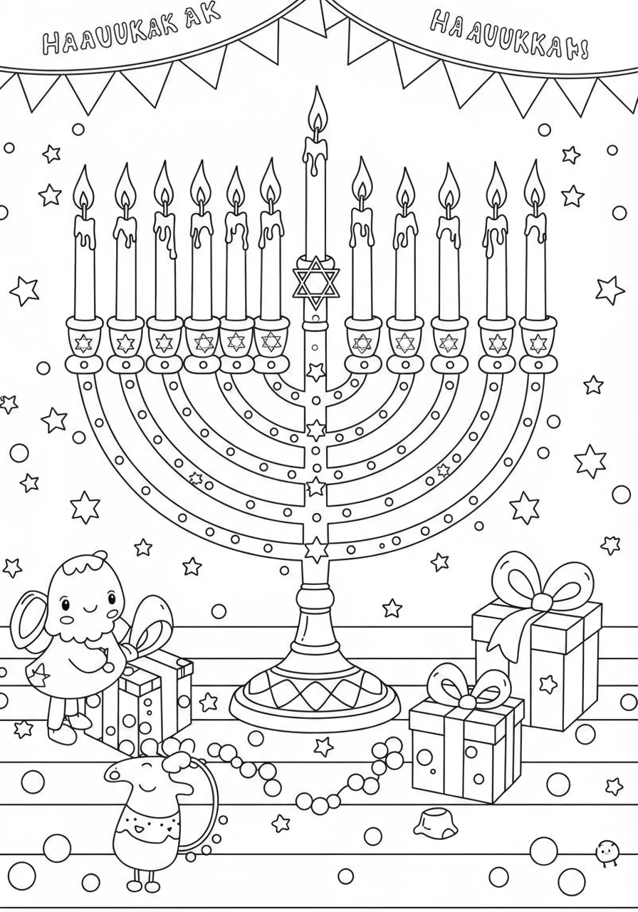 A free printable coloring page depicting a Menorah with all nine candles brightly lit, ready for Hanukkah celebrations.