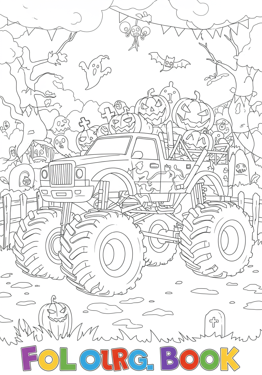 A free printable coloring page featuring a giant monster truck with spooky Halloween decorations like pumpkins, ghosts, and bats, ready for crushing fun.