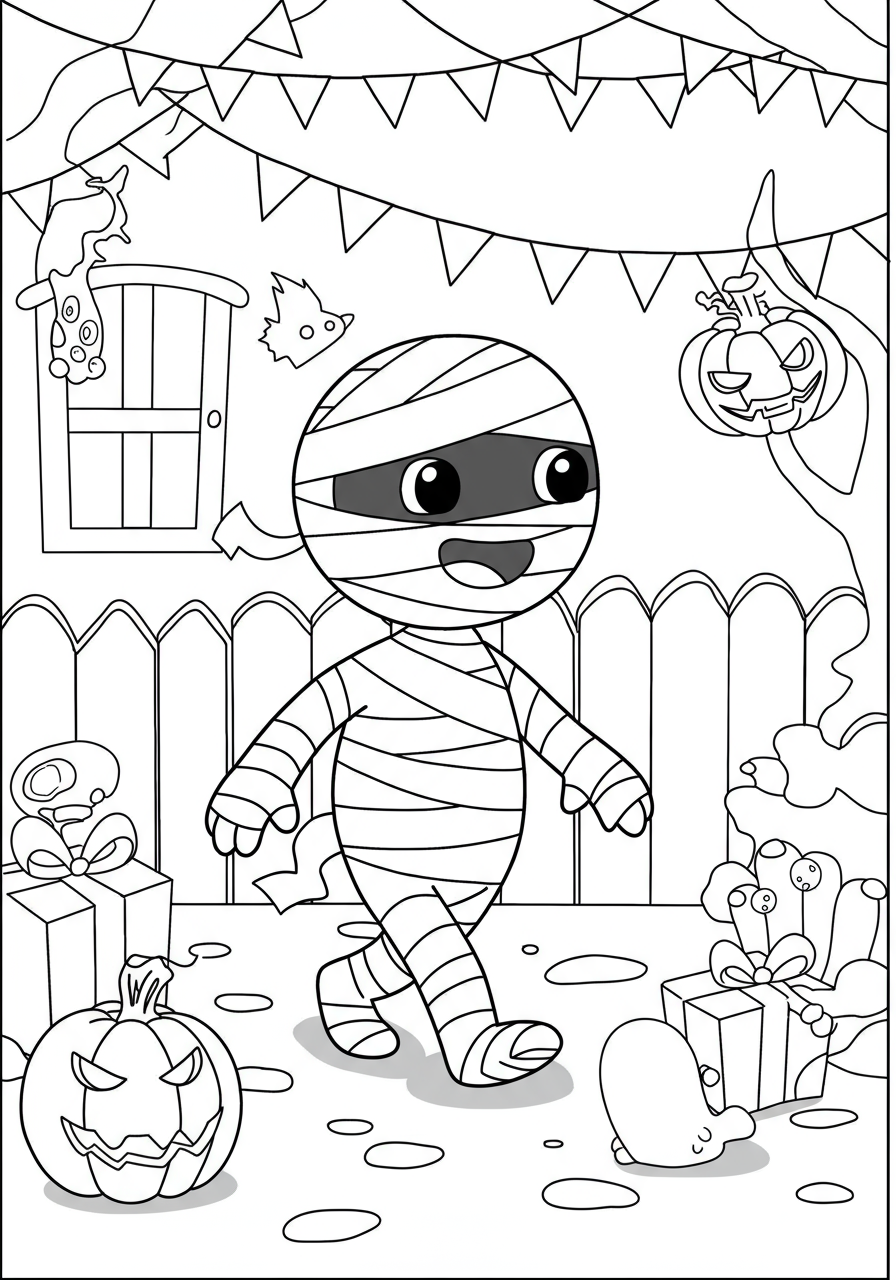 A free printable coloring page depicting a cheerful mummy walking, wrapped in bandages, suitable for kids for Halloween activities.