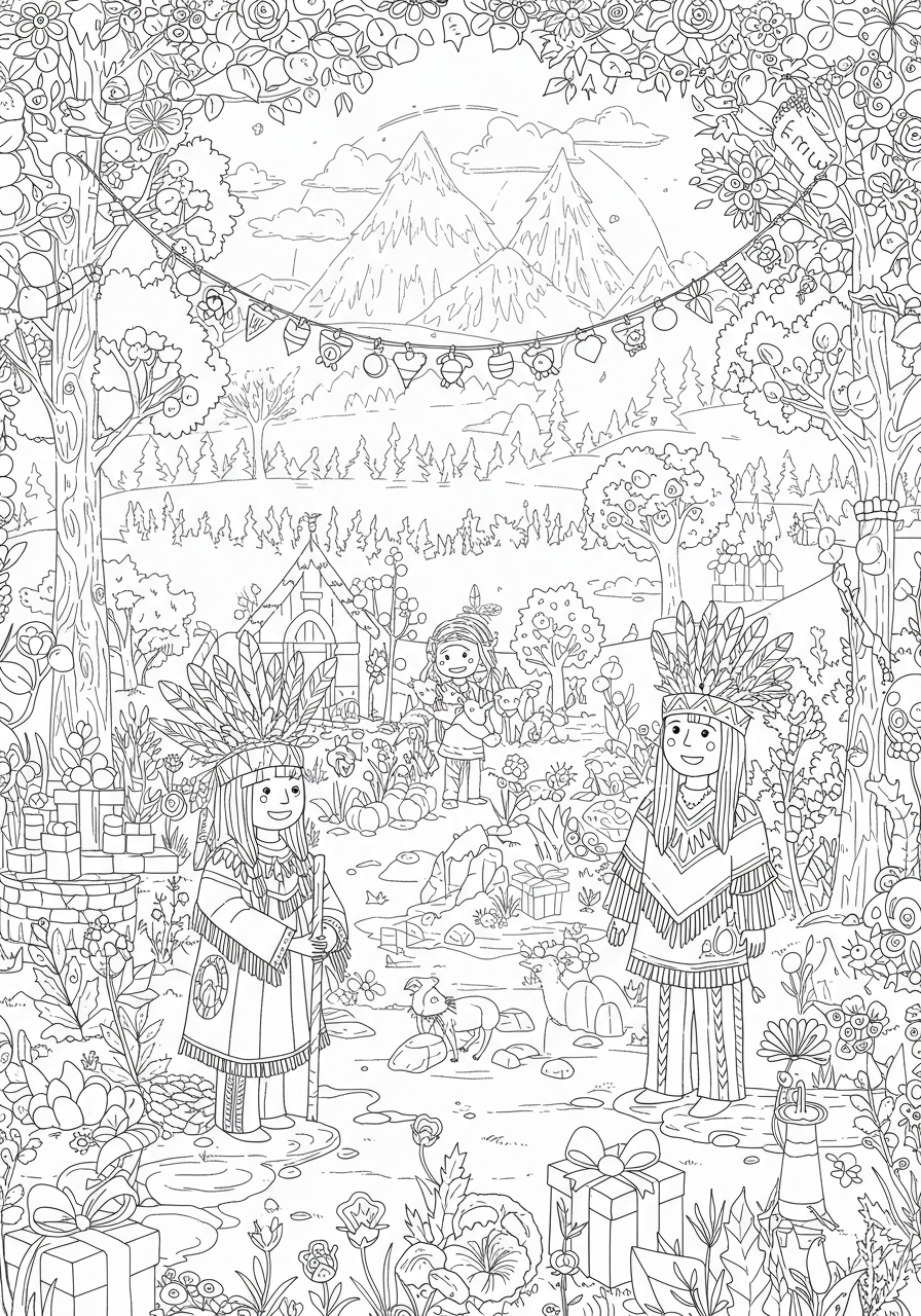 Free printable coloring page showing a warm Native American inspired greeting scene with figures and nature elements, celebrating welcome and community.