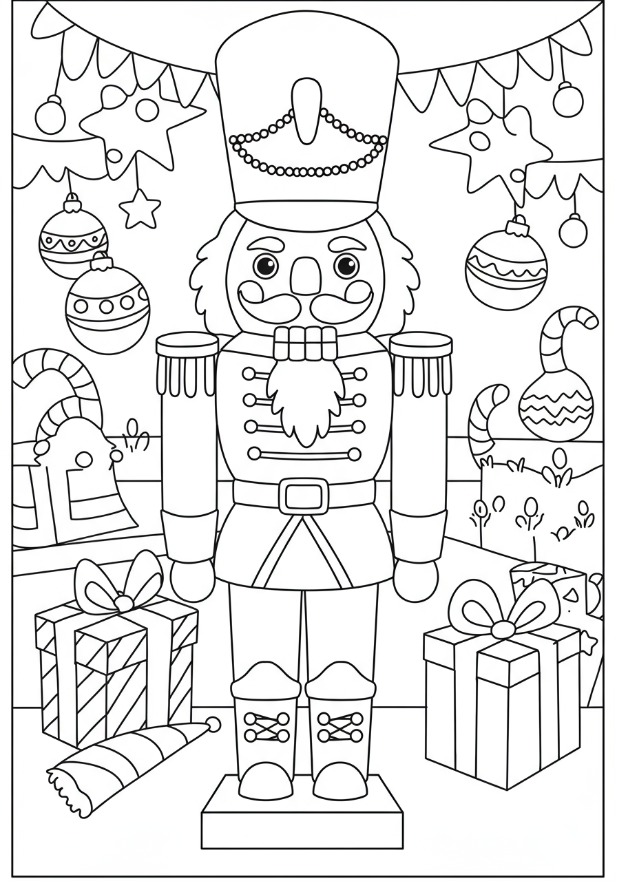 Free printable coloring page featuring an easy-to-color Nutcracker Soldier Toy in a classic uniform, perfect for holiday fun.