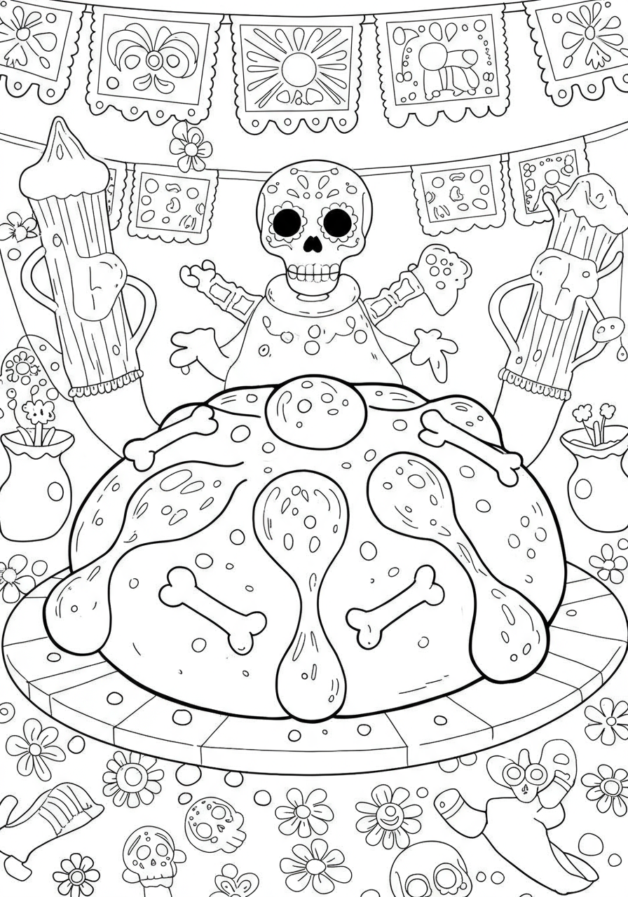 Free printable Pan de Muerto coloring page for kids, showing a traditional round bread with bone-shaped decorations and a central knob, perfect for celebrating Día de Muertos.