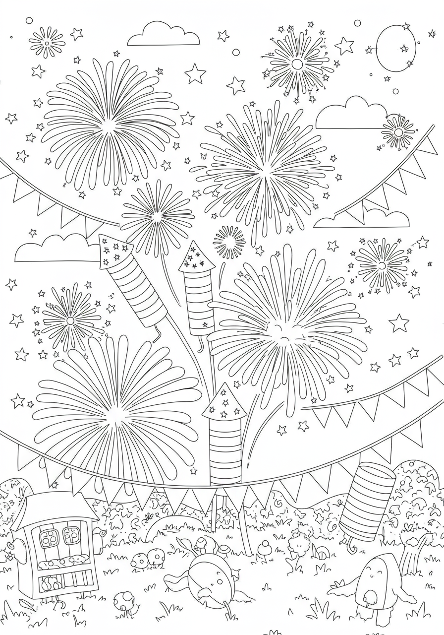 A free printable coloring page featuring a patriotic fireworks display bursting in the night sky, with stars and simple shapes for kids to color.