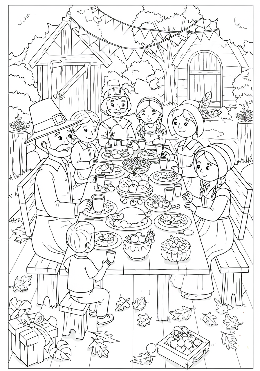 Illustration of a Pilgrim family feast scene, ready as a free printable coloring page for children, showing Pilgrims and Native Americans sharing a meal with harvest food.