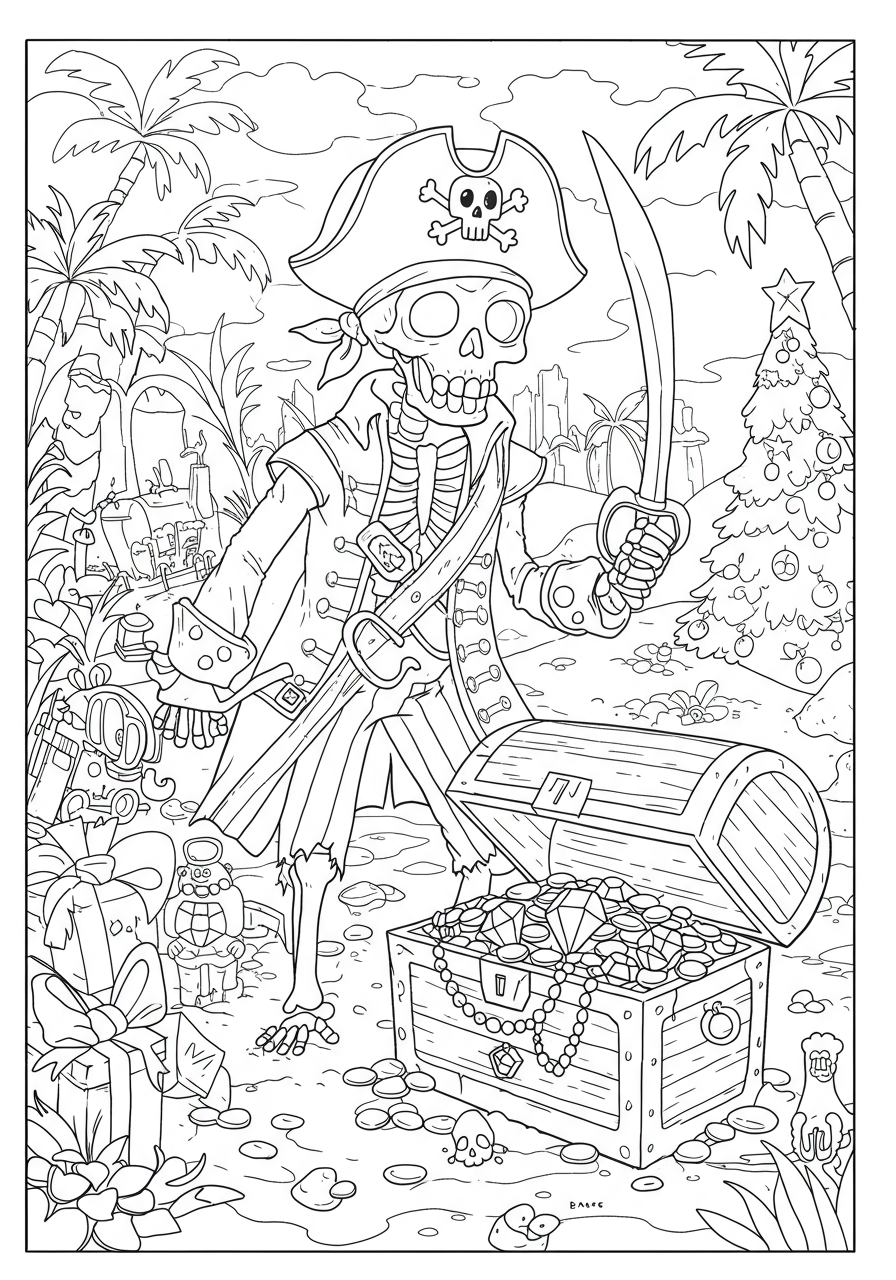 Free printable coloring page featuring a pirate skeleton guarding a treasure chest filled with gold and jewels on a deserted island, perfect for kids.