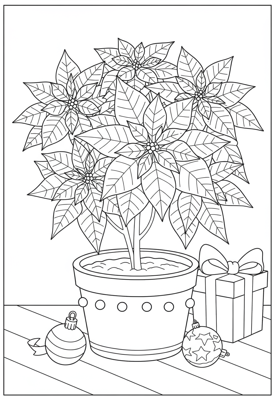 Free printable Poinsettia Plant Festive coloring page for kids, showing a potted poinsettia with large, star-shaped leaves ready to be colored for the holidays.