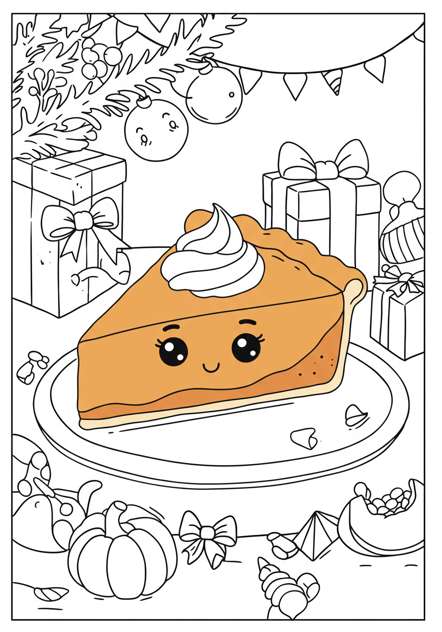 Free printable coloring page showing a delicious slice of pumpkin pie with whipped cream on top, ready for kids to color, perfect for holiday fun.