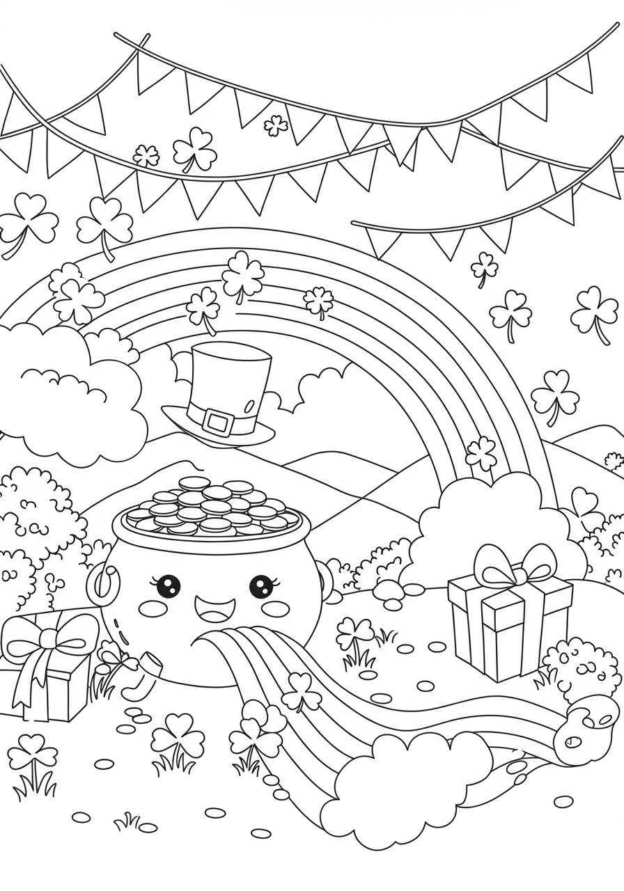 Free printable coloring page featuring a cheerful pot of gold at the end of a bright rainbow, with shamrocks and clouds, perfect for St. Patrick's Day activities.