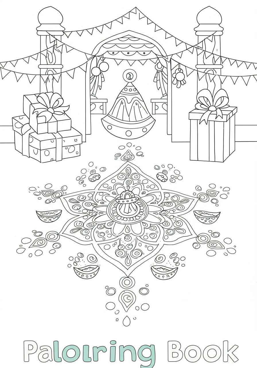 Free printable Rangoli floor art coloring page for kids, featuring an easy, beautiful geometric pattern inspired by Indian culture.