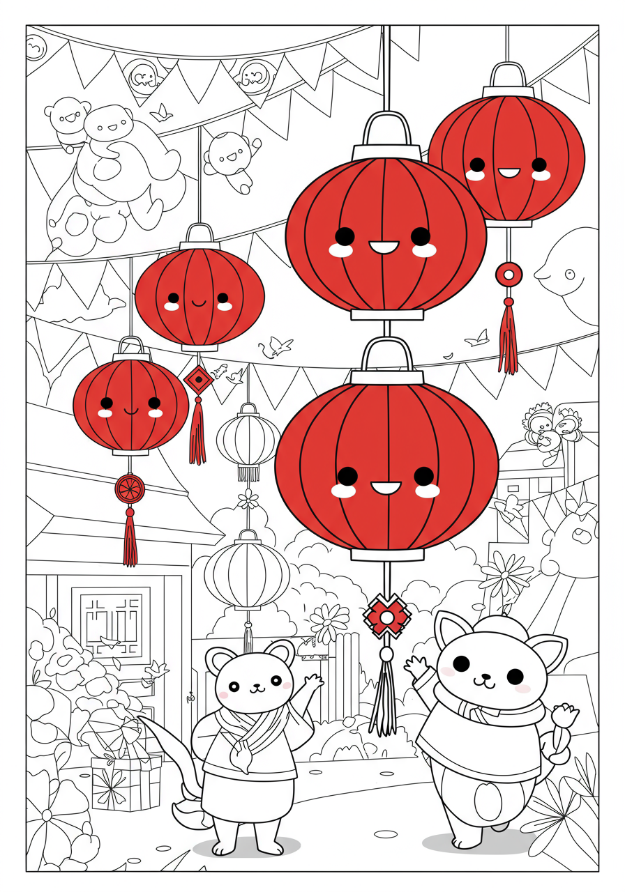 A free printable coloring page featuring multiple traditional red lanterns hanging, suitable for kids during holiday celebrations.