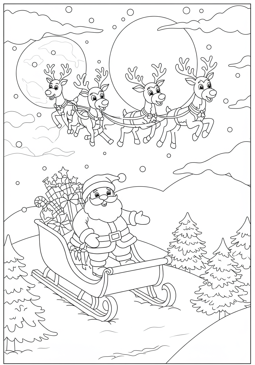 Free printable Reindeer pulling Sleigh coloring page for kids, featuring Santa Claus and his festive reindeer delivering presents in a snowy night sky.