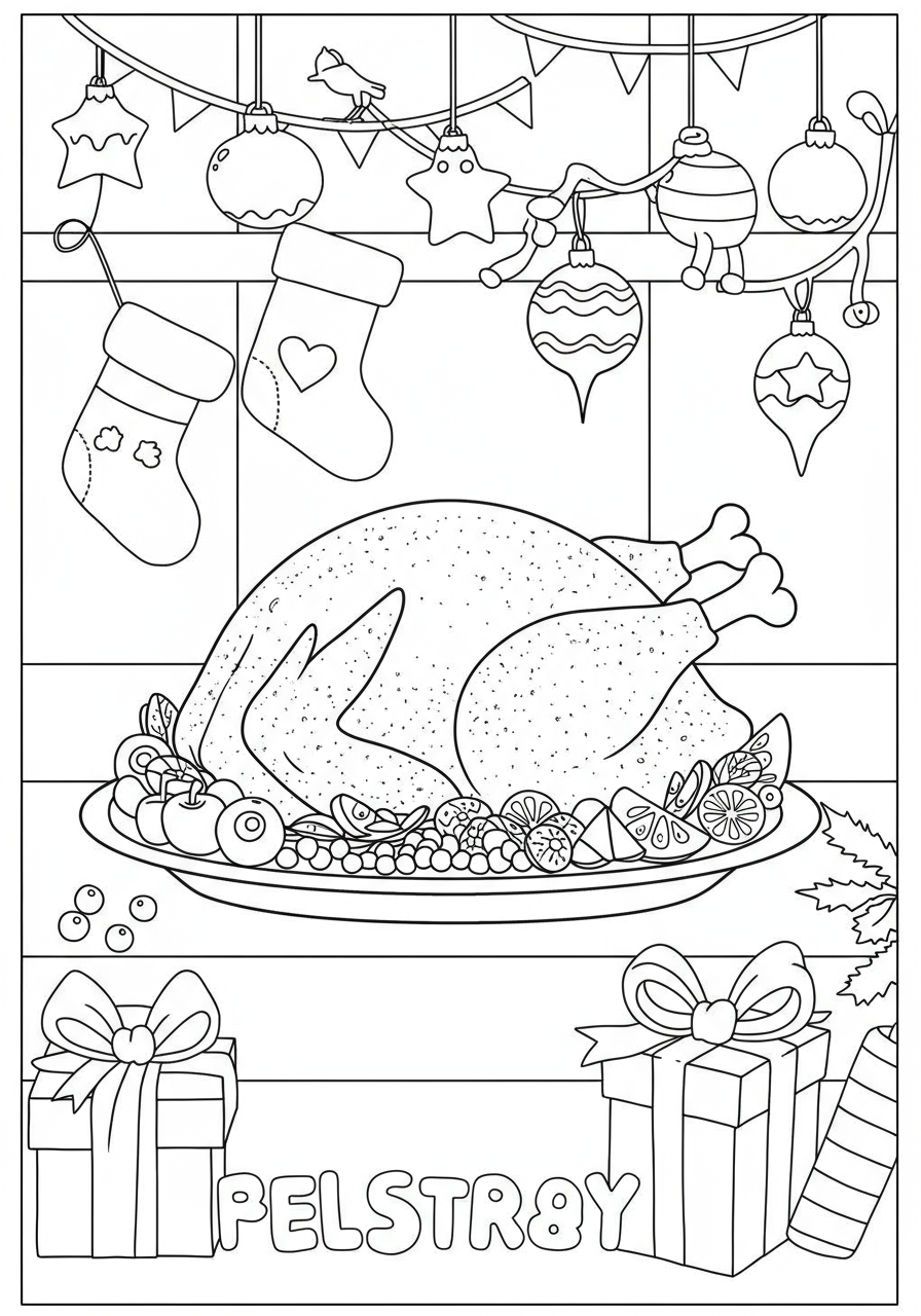 Free printable coloring page featuring a delicious, golden-brown roasted turkey dinner on a platter, perfect for holiday celebrations and family feasts.
