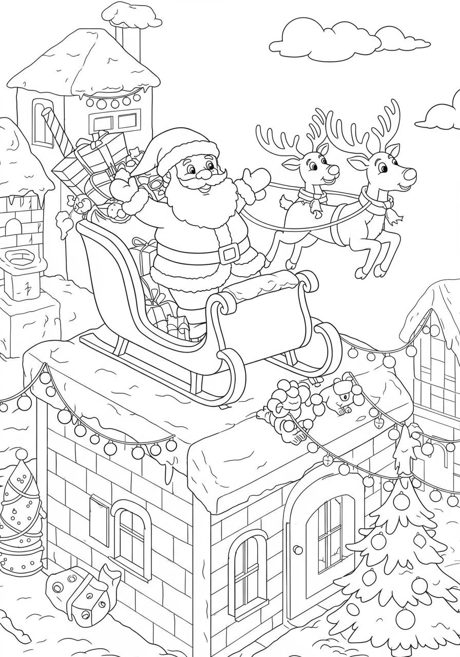Free printable coloring page featuring Santa Claus in his sleigh, pulled by reindeer, delivering gifts on Christmas Eve over a snowy rooftop.