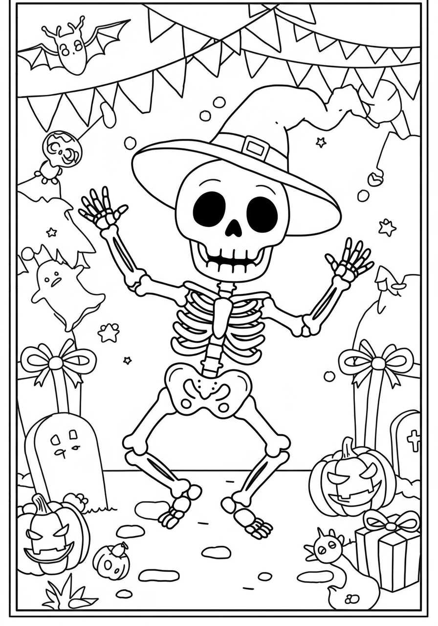 A free printable coloring page depicting a friendly skeleton dancing a funny jig with a big grin, perfect for Halloween fun and easy for kids to color.