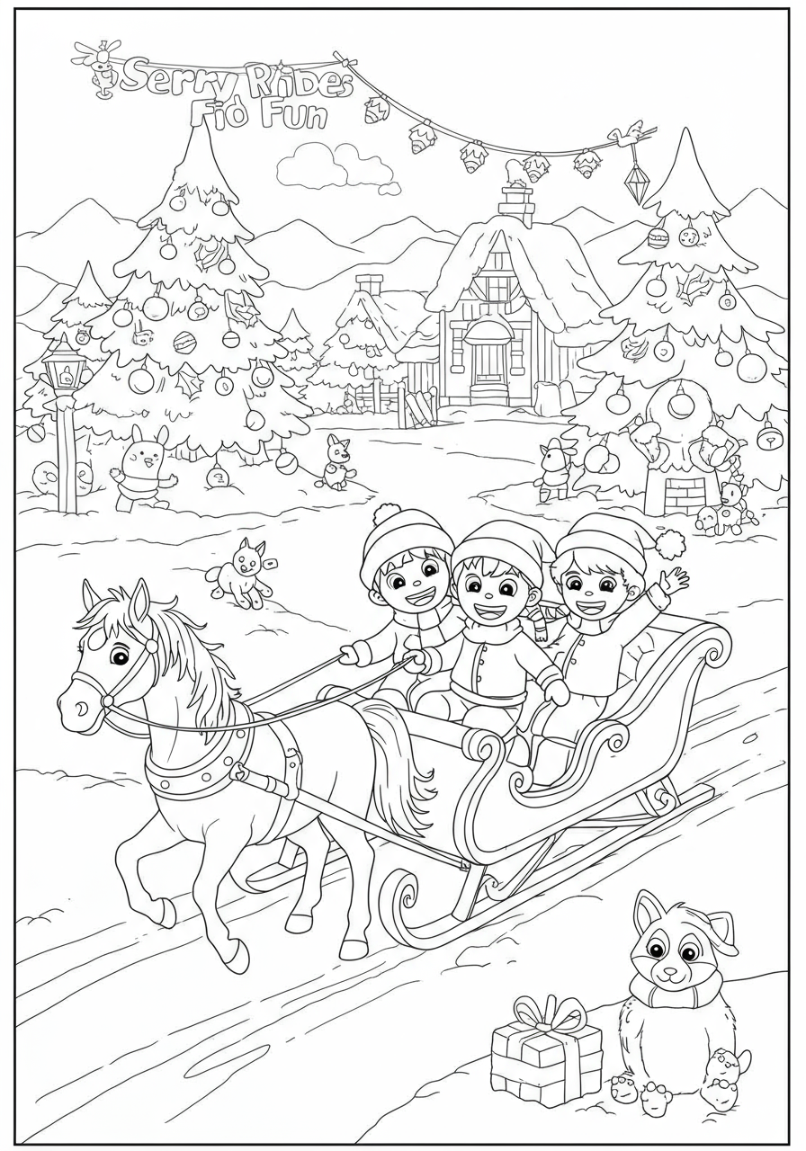 Free printable Sleigh Ride Fun coloring page featuring happy kids in a sleigh, pulled by a horse through a snowy, festive landscape, perfect for holiday coloring.