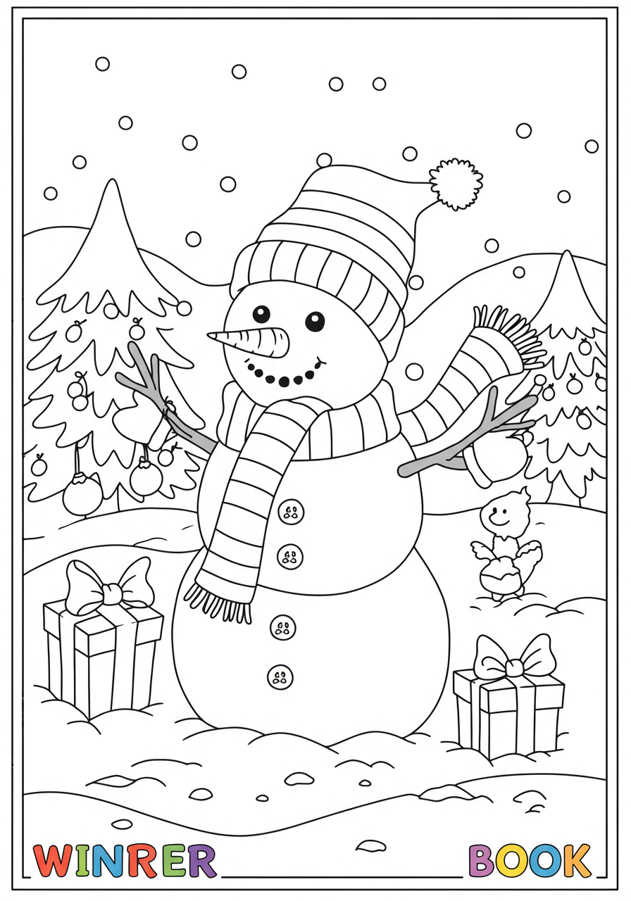 Free printable coloring page featuring a happy snowman wearing a red and green striped scarf and a cozy hat, standing in a snowy landscape, perfect for winter fun.